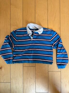 Old Navy Blue Striped Rugby Sweater with White Collar